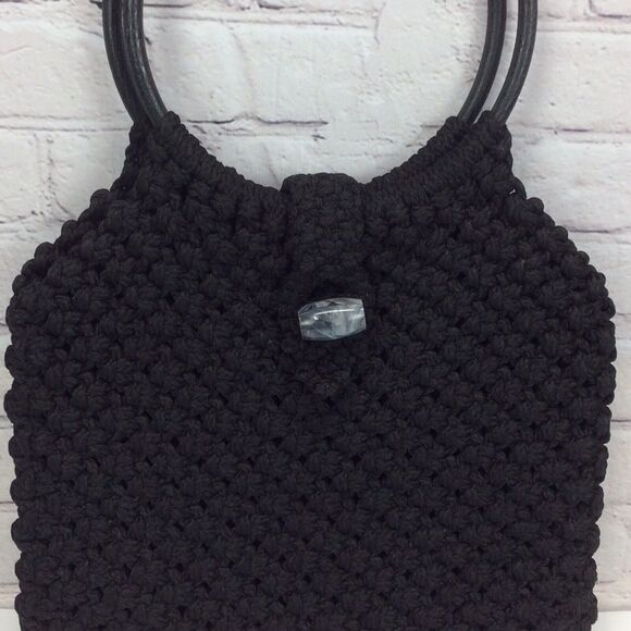 Vintage Macrame Handmade Pocketbook Black Boho Hippie Hoop Shoulder Bag Lined - Picture 2 of 7